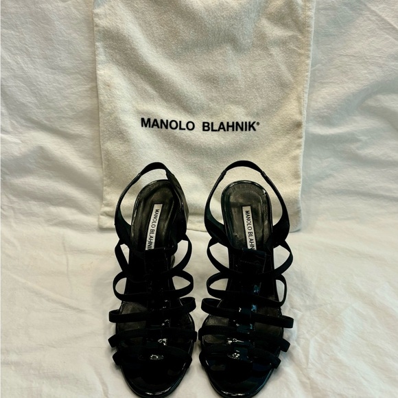 Manolo Blahnik black patent wedge  grosgrain ribbon sandal 6 1/2  excellent cond - Picture 3 of 9